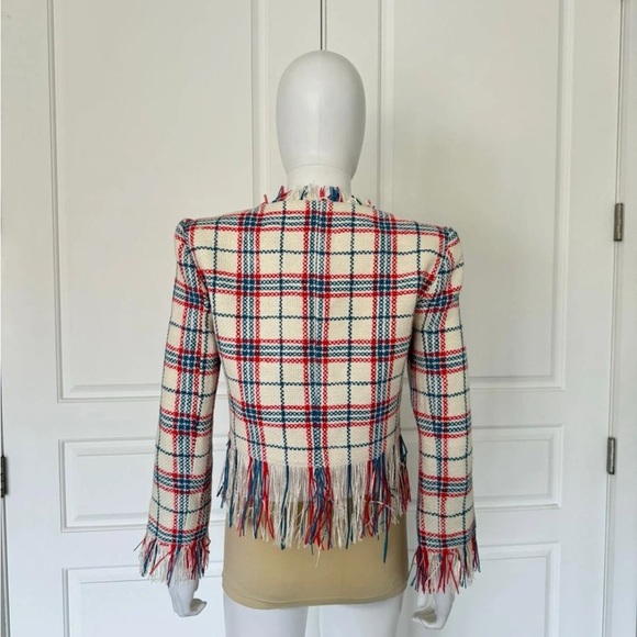 Veronica Beard Marlton White Blue Red Plaid Tweed Fringe Blazer Jacket Size 4 - Picture 13 of 16